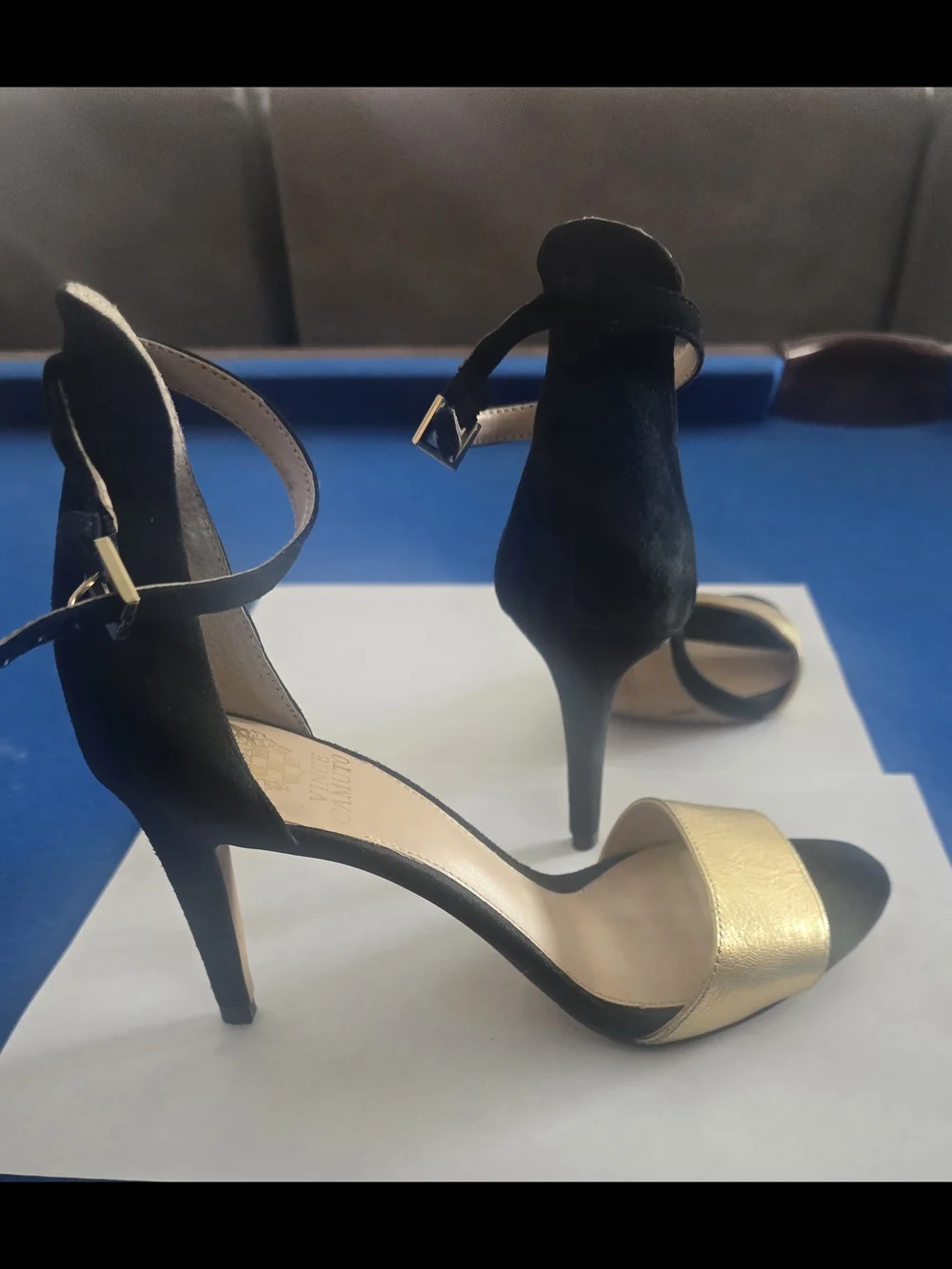 Vince Camuto Black and Gold Open-Toe Ankle-Strap Heels